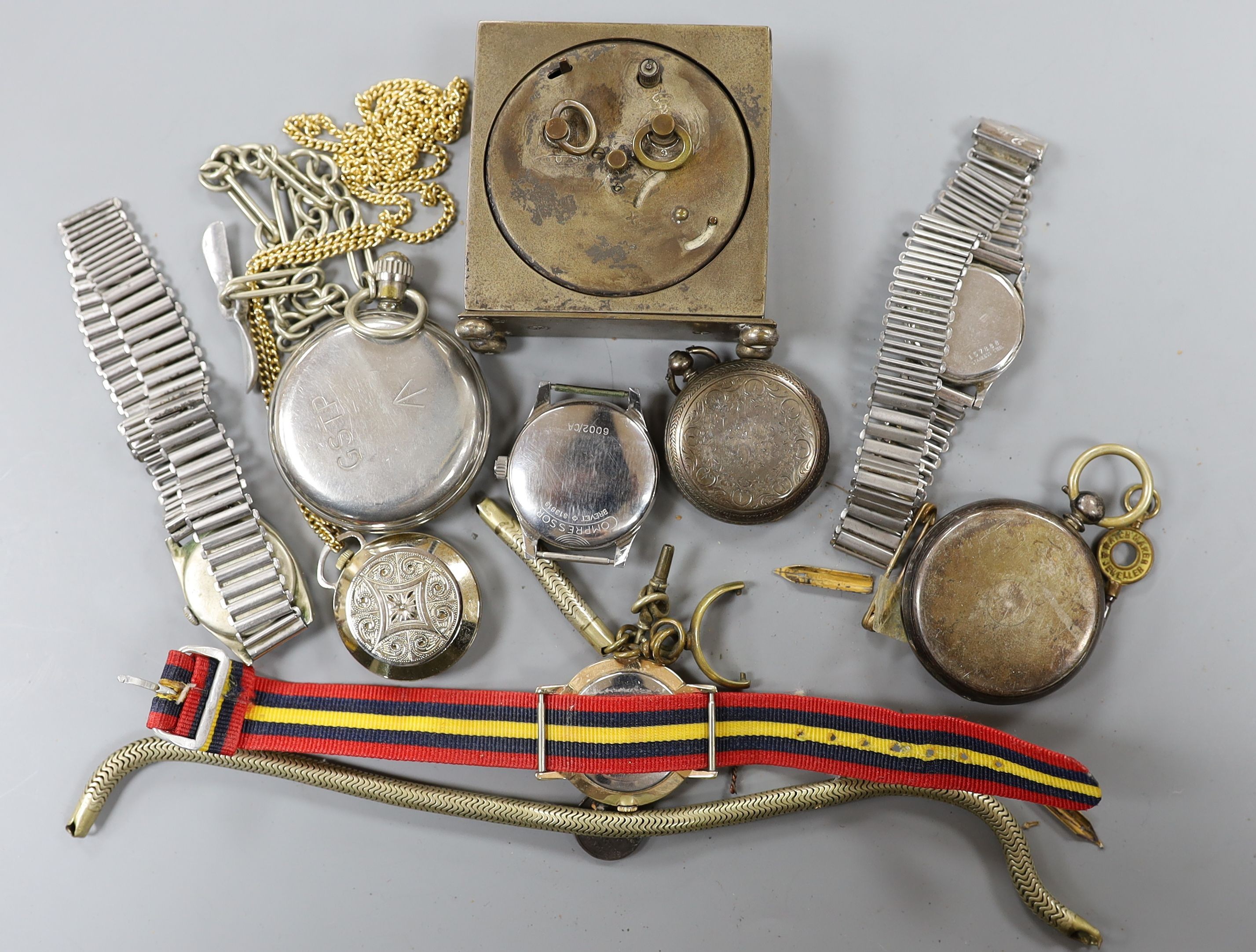 A silver half hunter pocket watch and assorted wristwatches including Watches of Switzerland Seafarer.